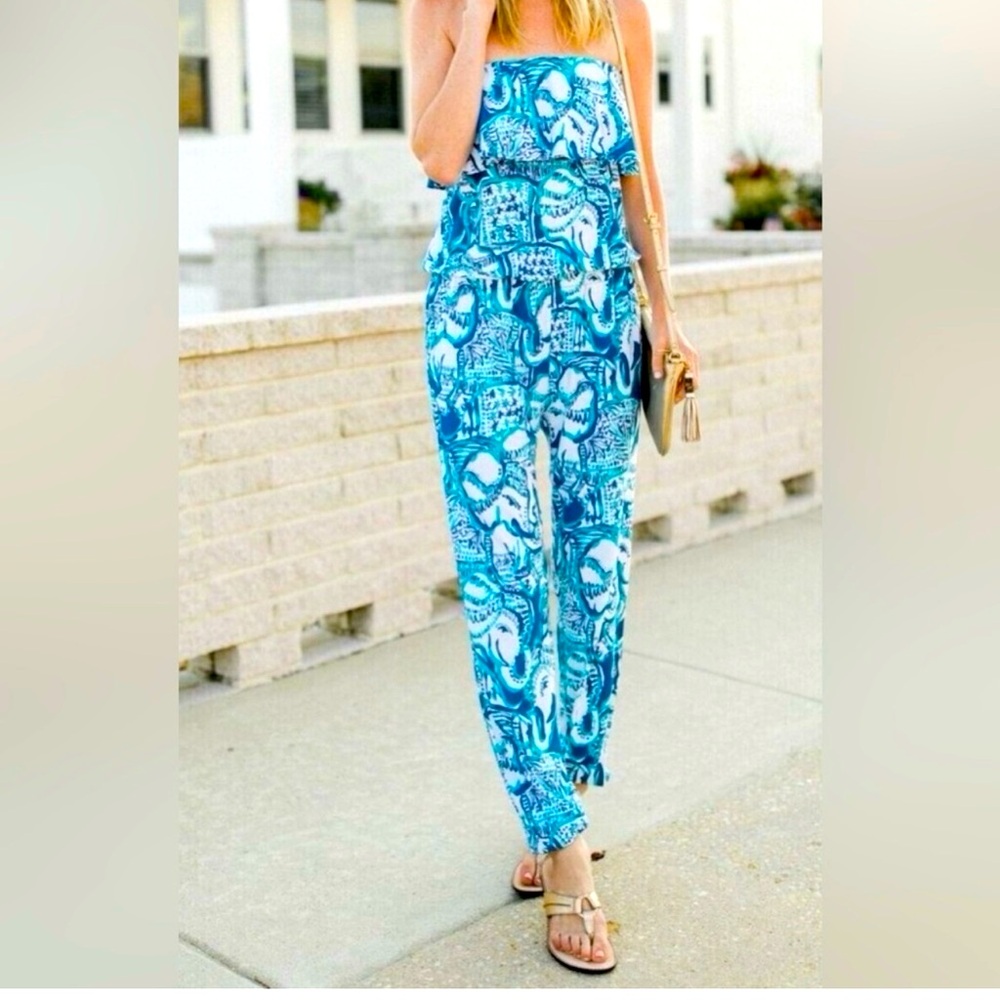 Lilly Pulitzer AILSIE JUMPSUIT Indigo Keep on Trunkin White Navy Size Medium